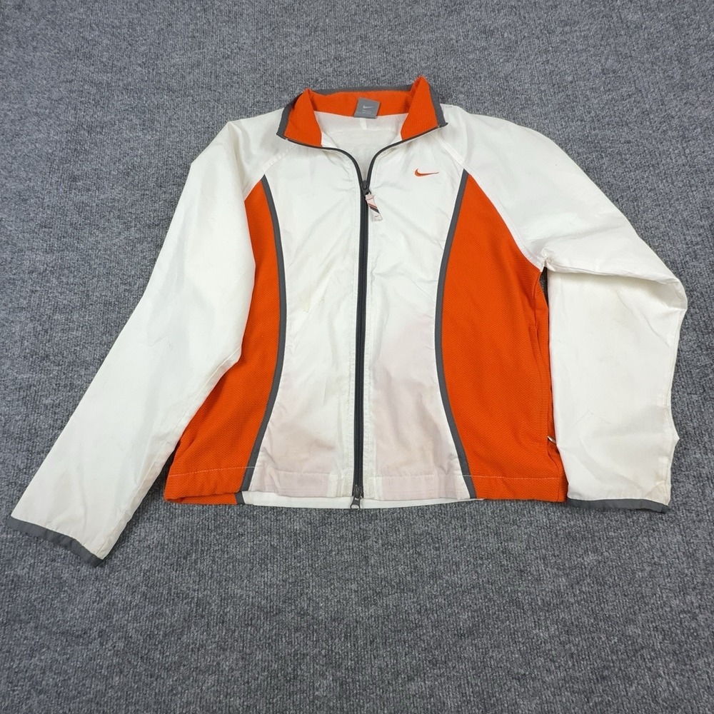 Nike Track Jacket Womens Small White Orange Full Zip Logo Athletic Running